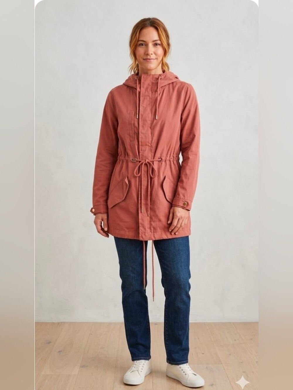 IRIS Terracotta Pink Lightweight Cinched Waist Pockets Parka Jacket Hooded Small